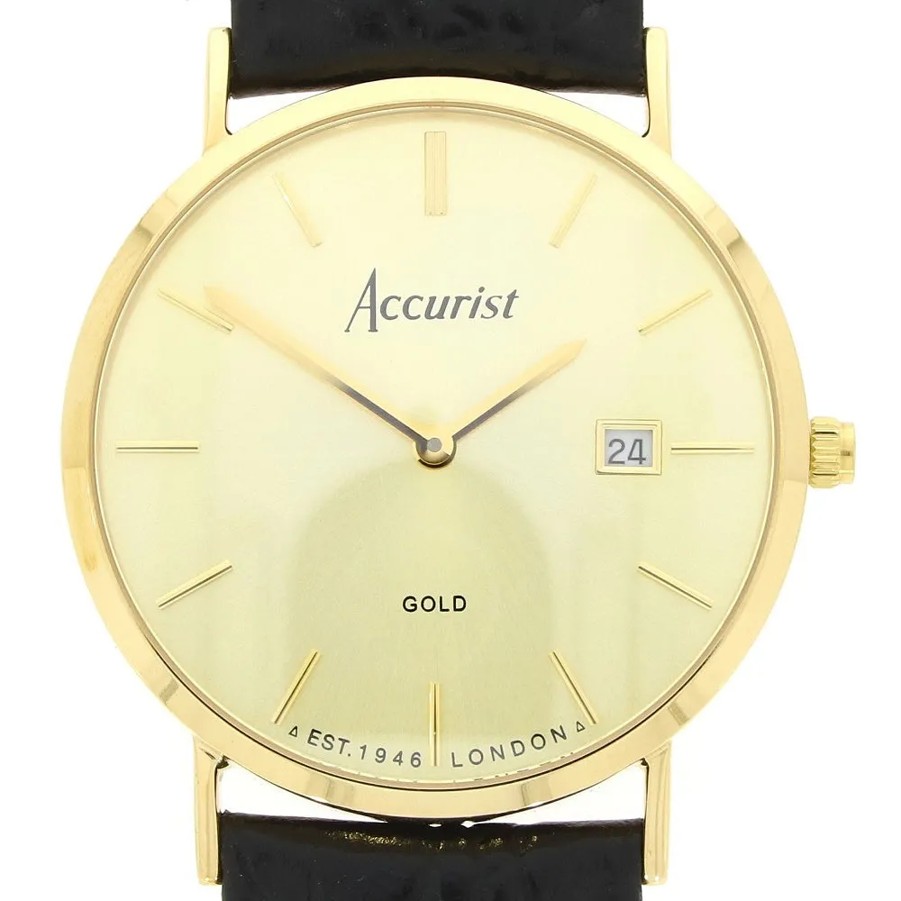 Accurist 9ct Gold Mens Watch Champagne Dial Black Strap 7802