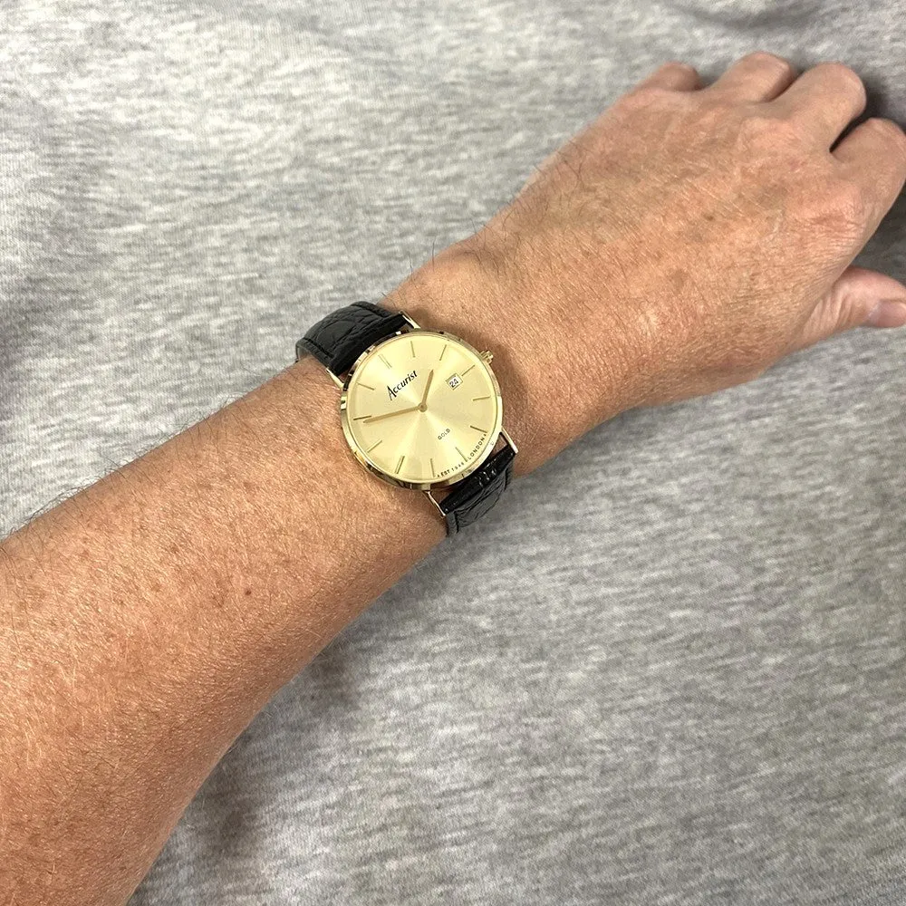 Accurist 9ct Gold Mens Watch Champagne Dial Black Strap 7802