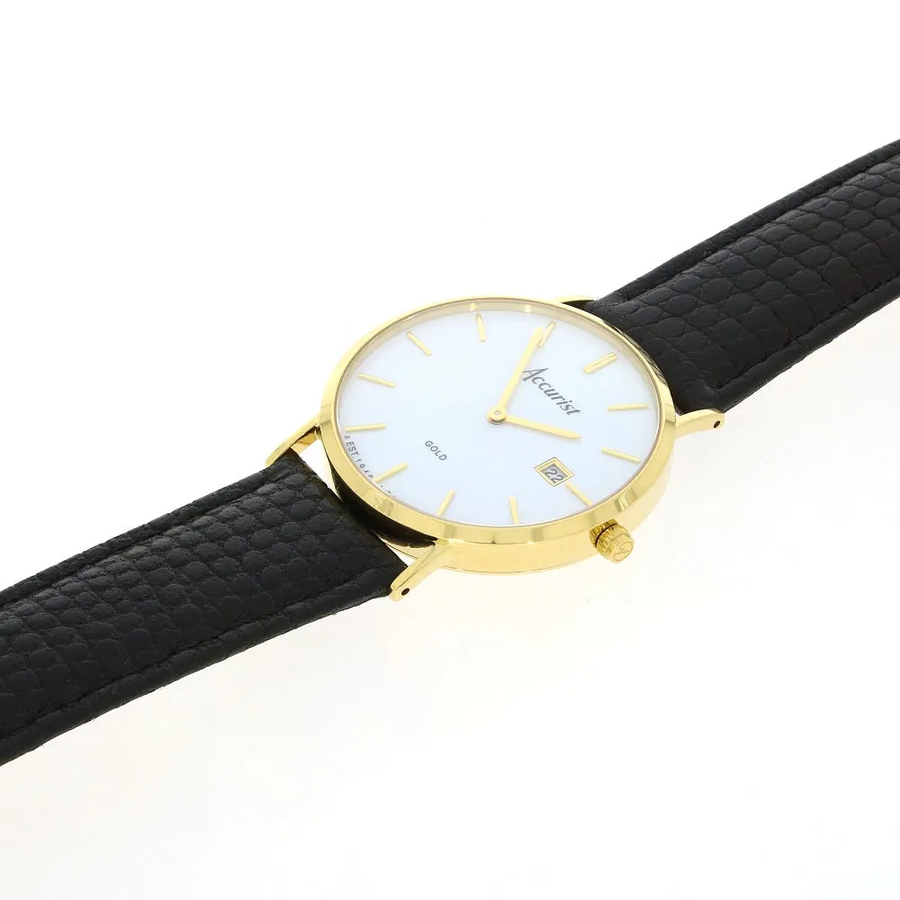 Accurist 9ct Gold Mens Watch White Dial Black Strap 7801