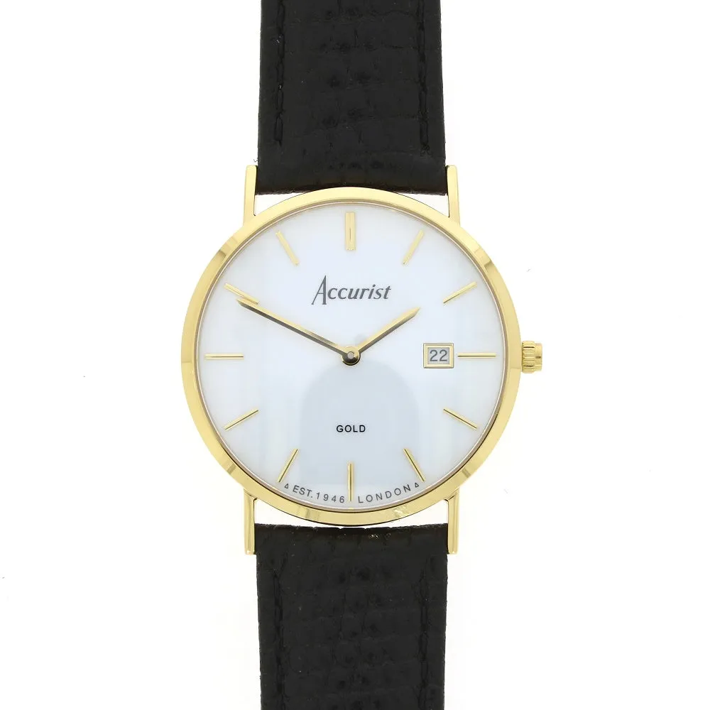 Accurist 9ct Gold Mens Watch White Dial Black Strap 7801