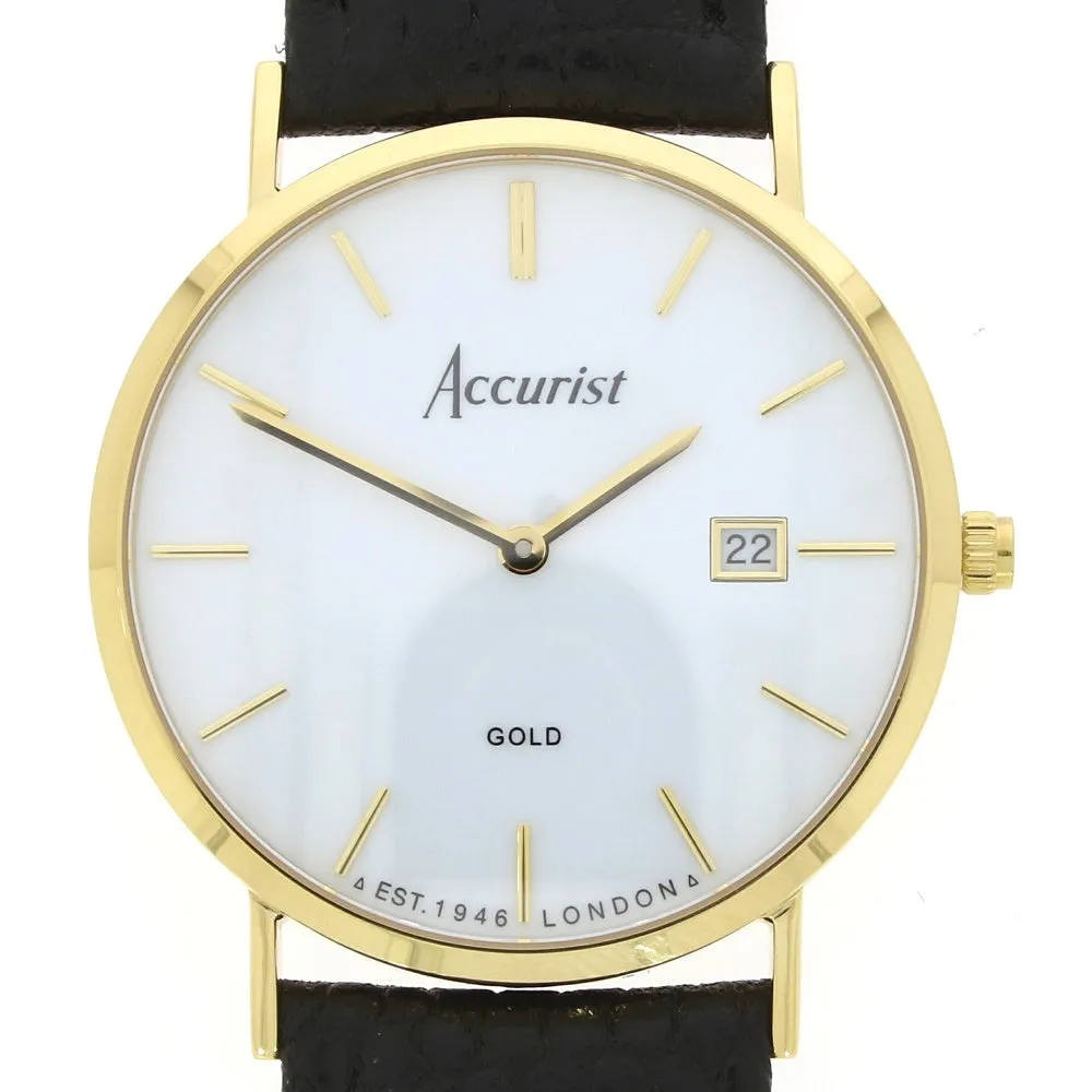 Accurist 9ct Gold Mens Watch White Dial Black Strap 7801