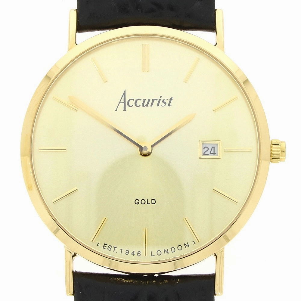 Accurist 9ct Gold Mens Watch Champagne Dial Black Strap 7802