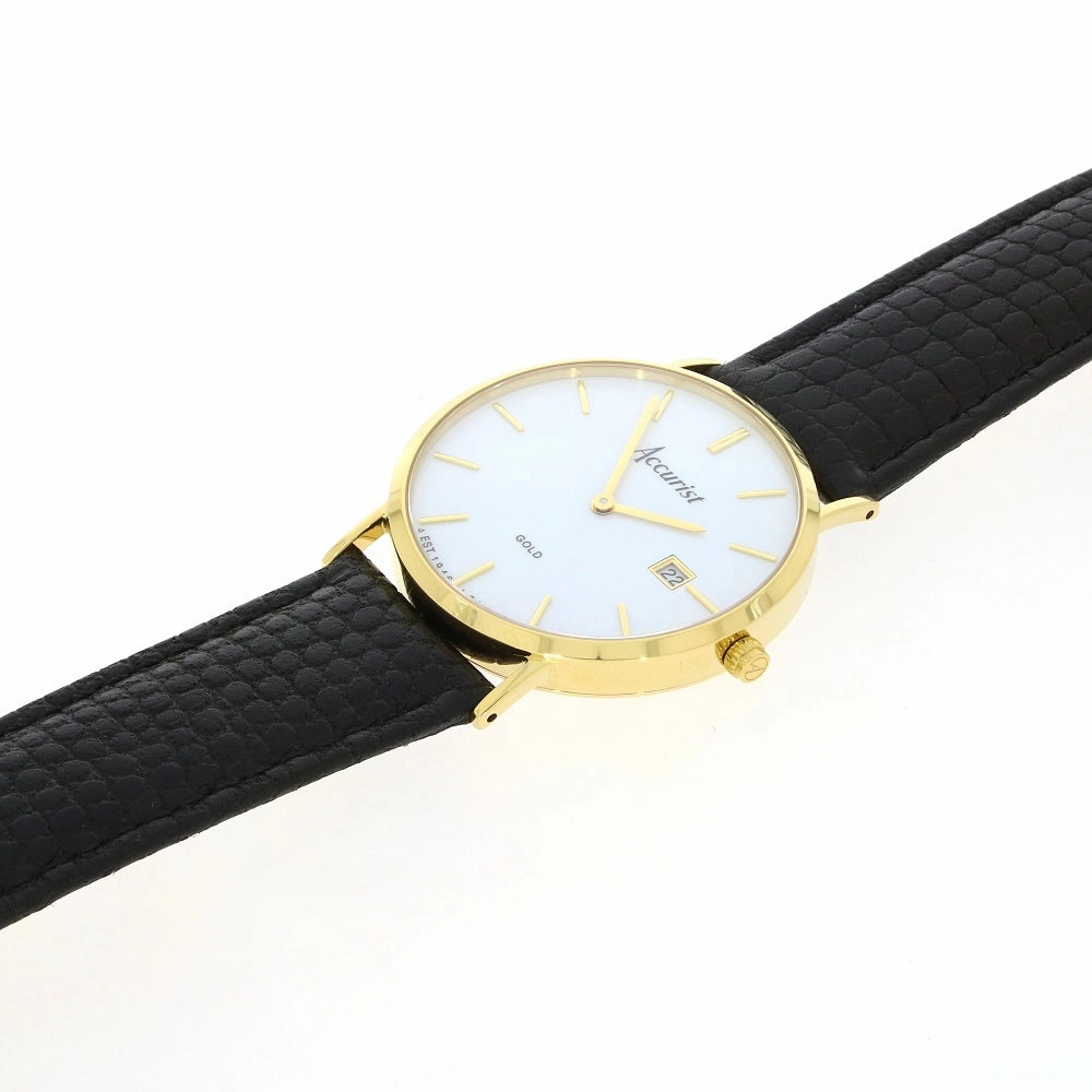 Accurist 9ct Gold Mens Watch White Dial Black Strap 7801