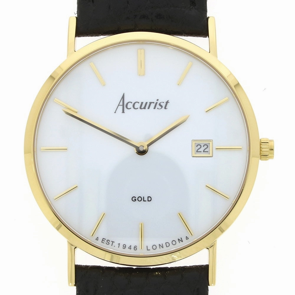 Accurist 9ct Gold Mens Watch White Dial Black Strap 7801