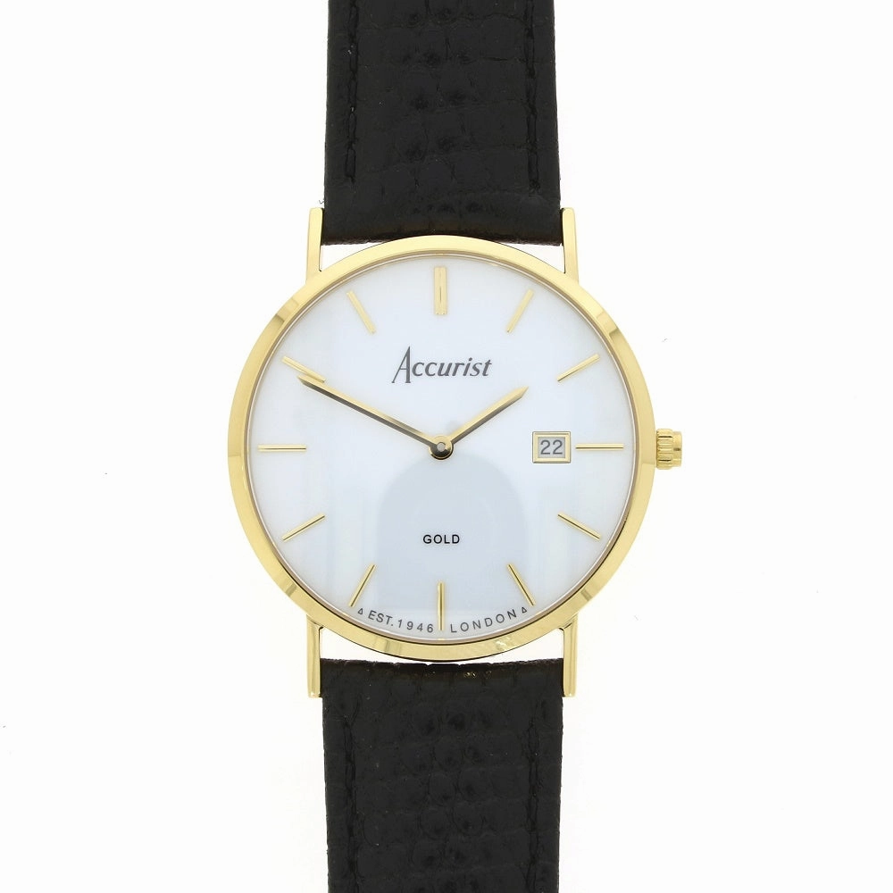 Accurist 9ct Gold Mens Watch White Dial Black Strap 7801