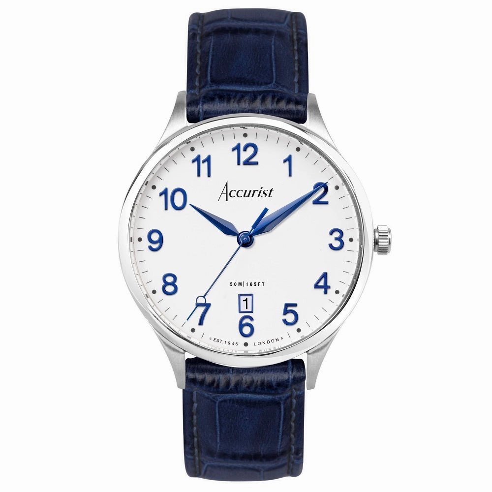 Accurist Classic Mens Blue Leather Strap Watch White Dial 73000