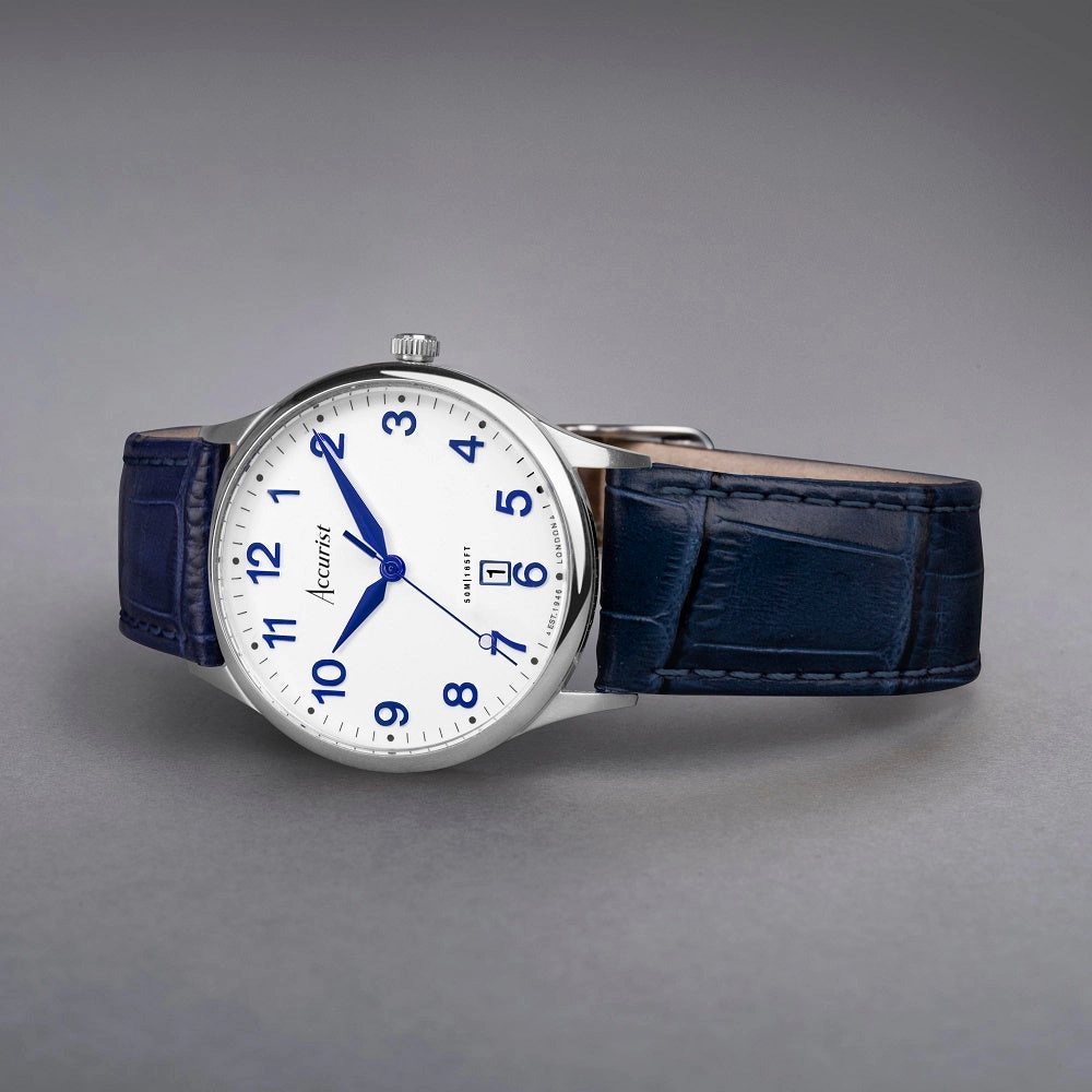 Accurist Classic Mens Blue Leather Strap Watch White Dial 73000