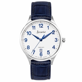 Accurist Classic Mens Blue Leather Strap Watch White Dial 73000