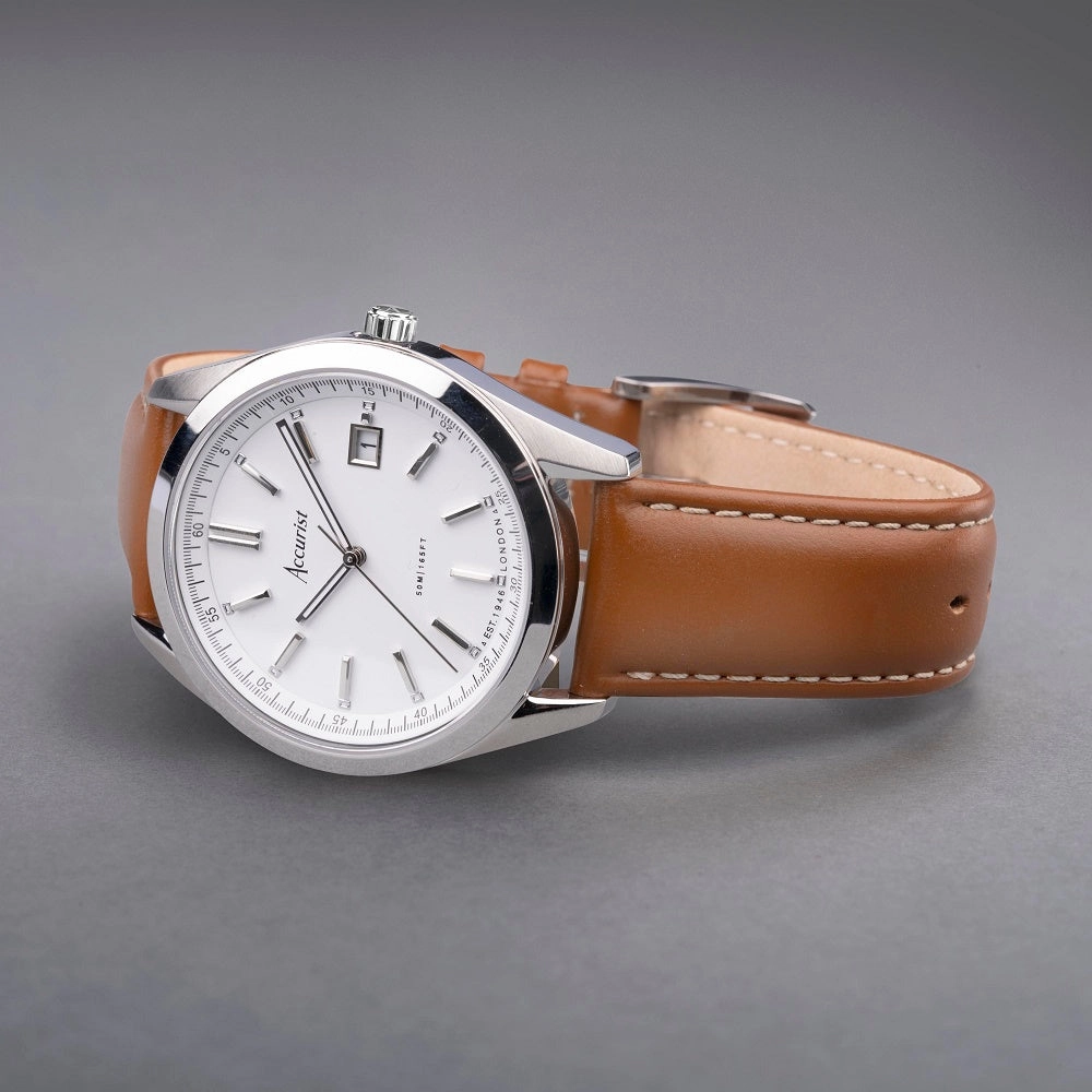 Accurist Everyday Mens Leather Brown Strap Watch White Dial 74011