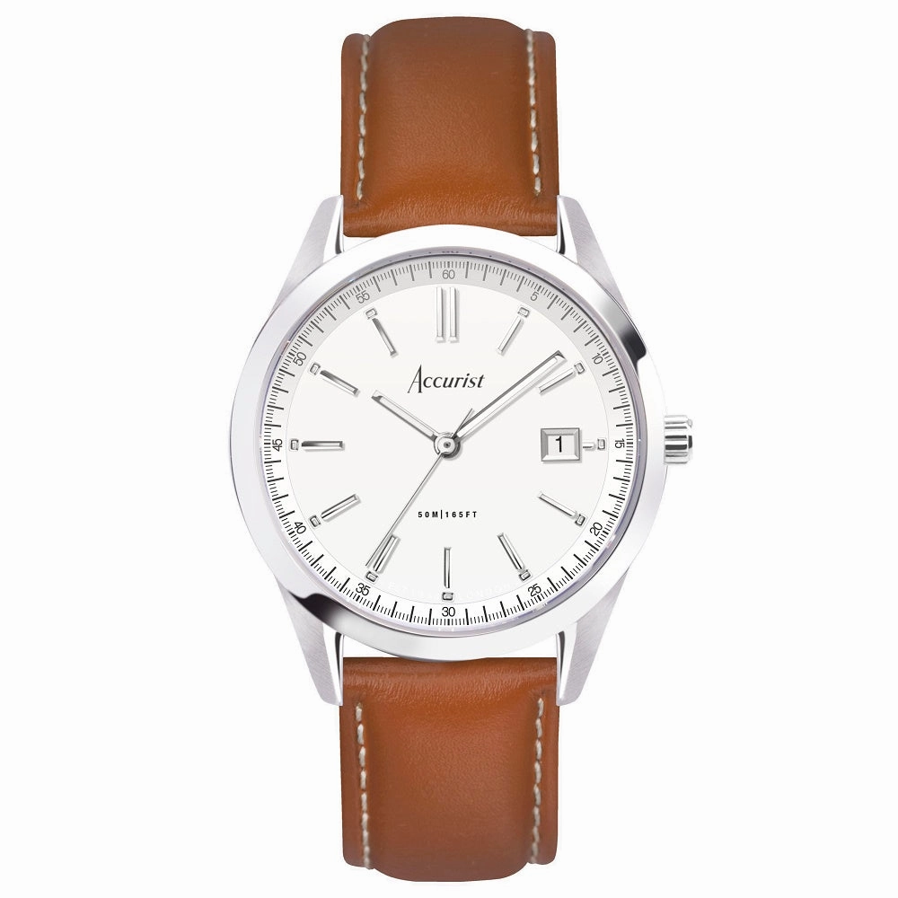 Accurist Everyday Mens Leather Brown Strap Watch White Dial 74011