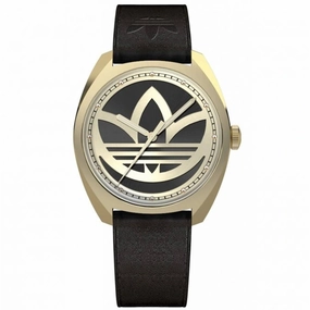Adidas Men's Watch - Originals Black and Gold Tone Dial Leather Strap | AOFH22512