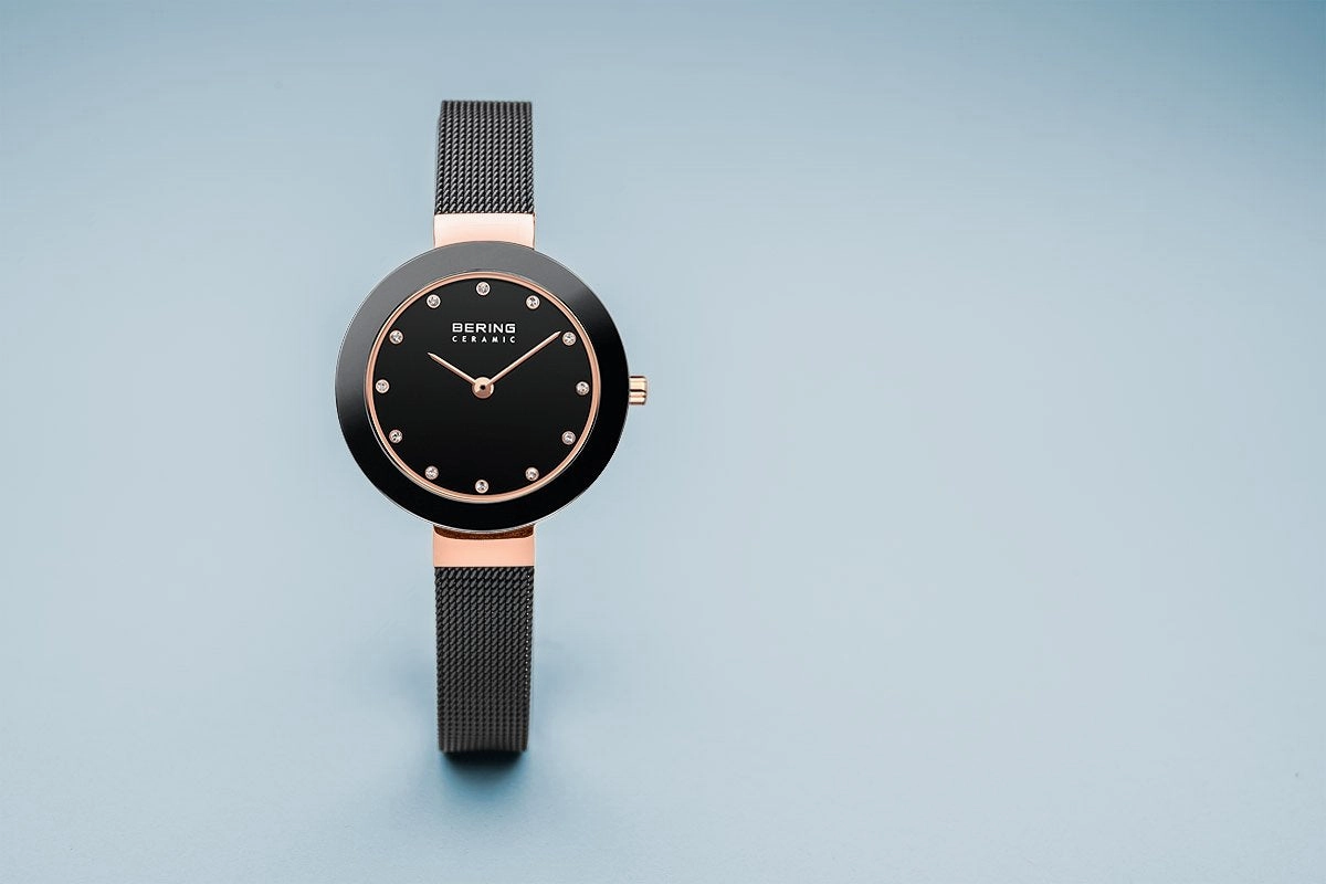 Bering Ceramic Polished Rose Gold Black Mesh Watch