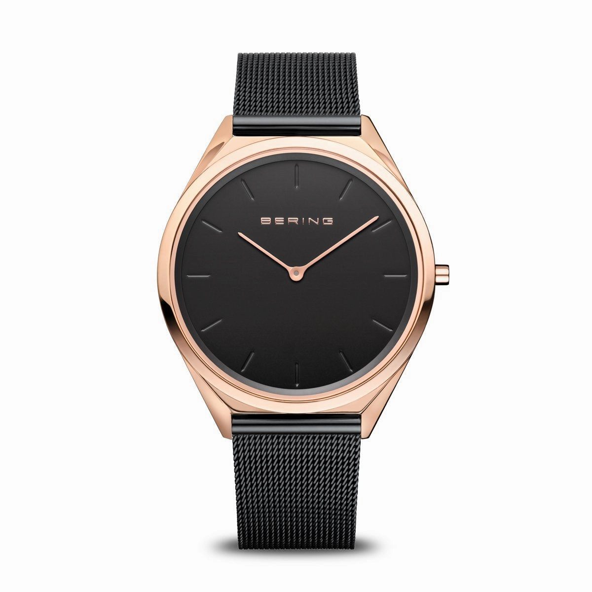 Bering Ultra Slim Polished Rose Gold Black Mesh Watch