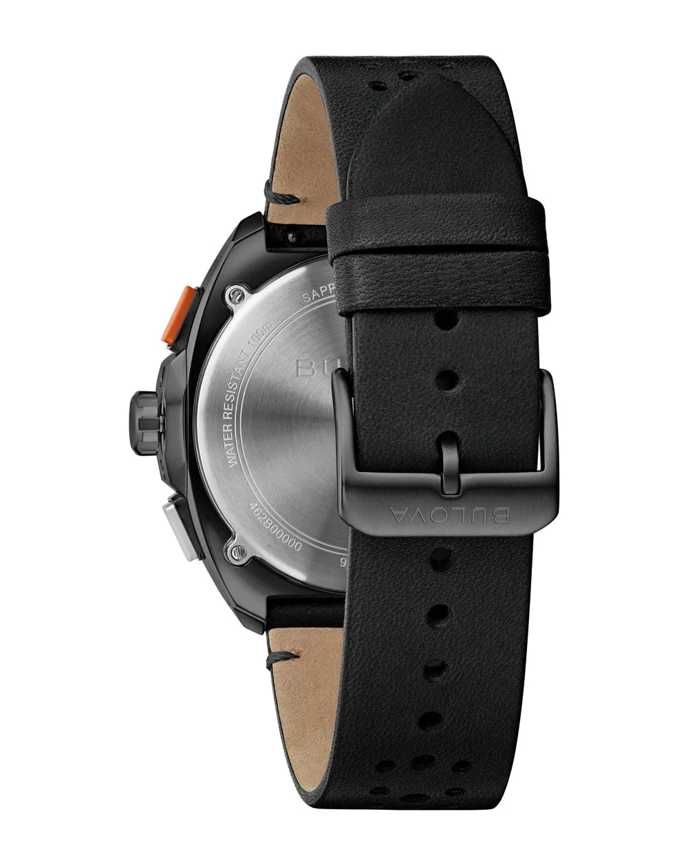 Bulova Racer Chronograph Watch with Black Leather Strap and Orange Accents 98B428