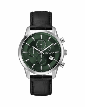 Bulova Elegant Chronograph Timepiece with Black Leather Strap for Men 96B413