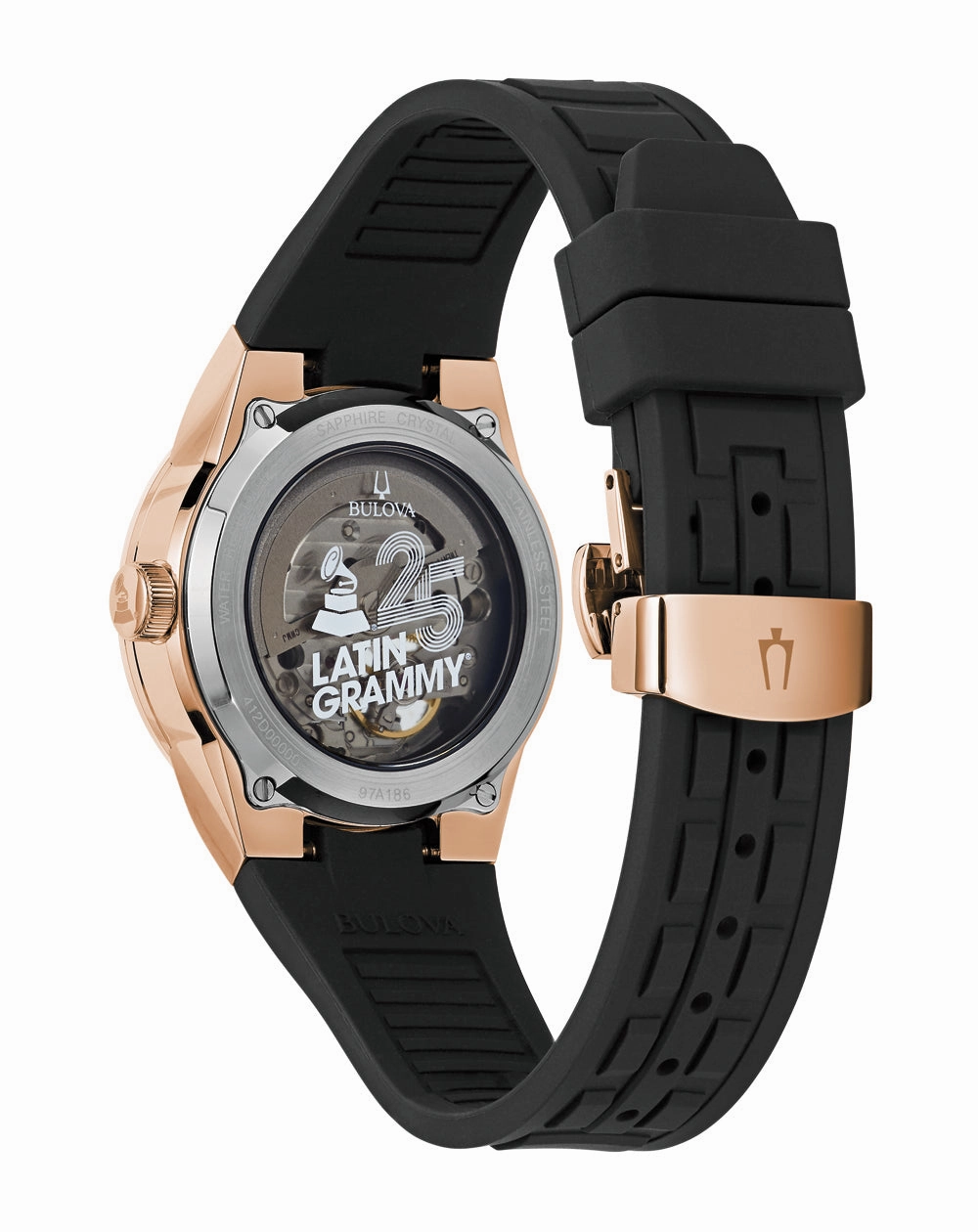 Bulova Latin Grammy 25th Anniversary Rose Gold Tone Automatic Watch with Open Heart Dial and Silicone Strap 97A186
