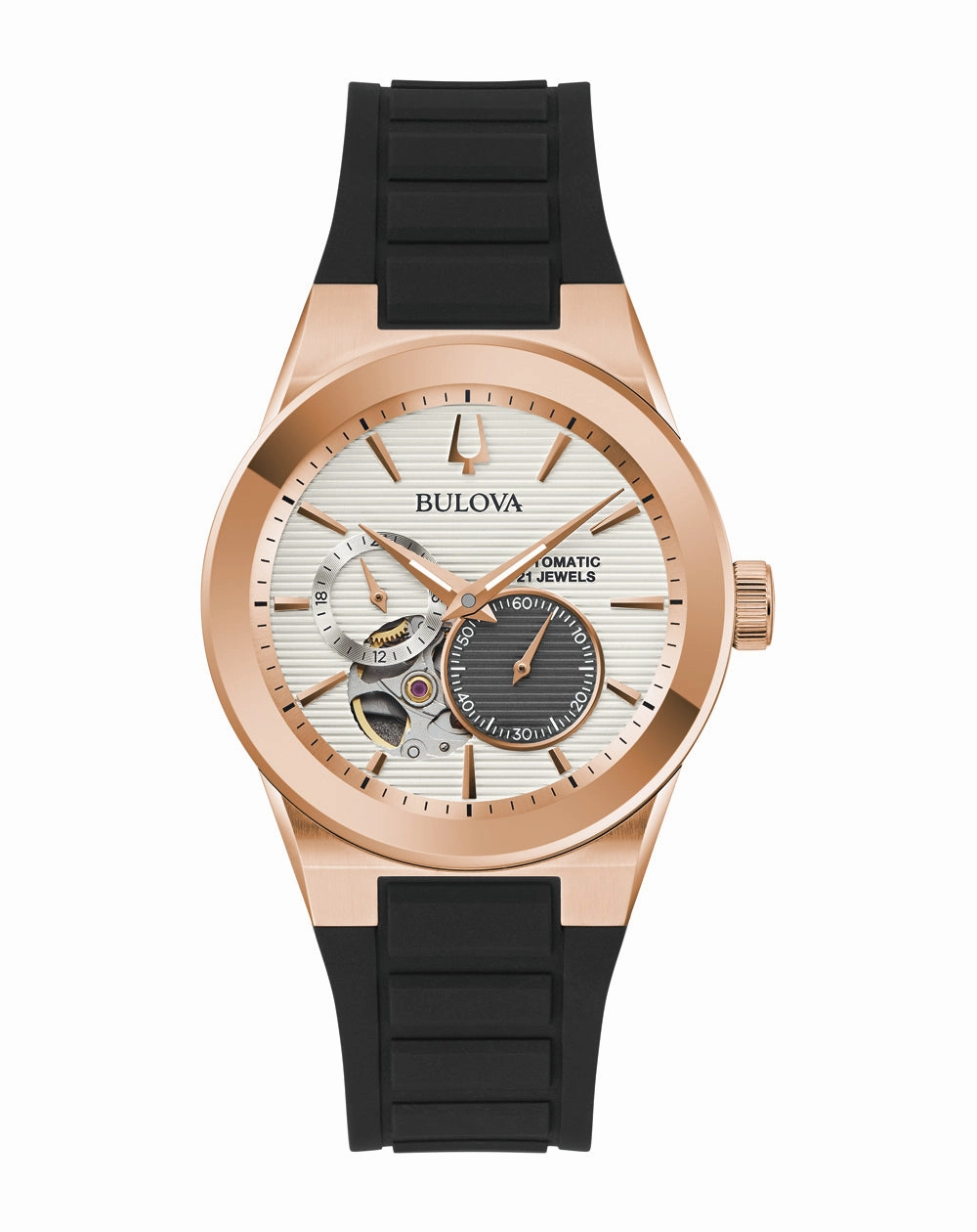 Bulova Latin Grammy 25th Anniversary Rose Gold Tone Automatic Watch with Open Heart Dial and Silicone Strap 97A186