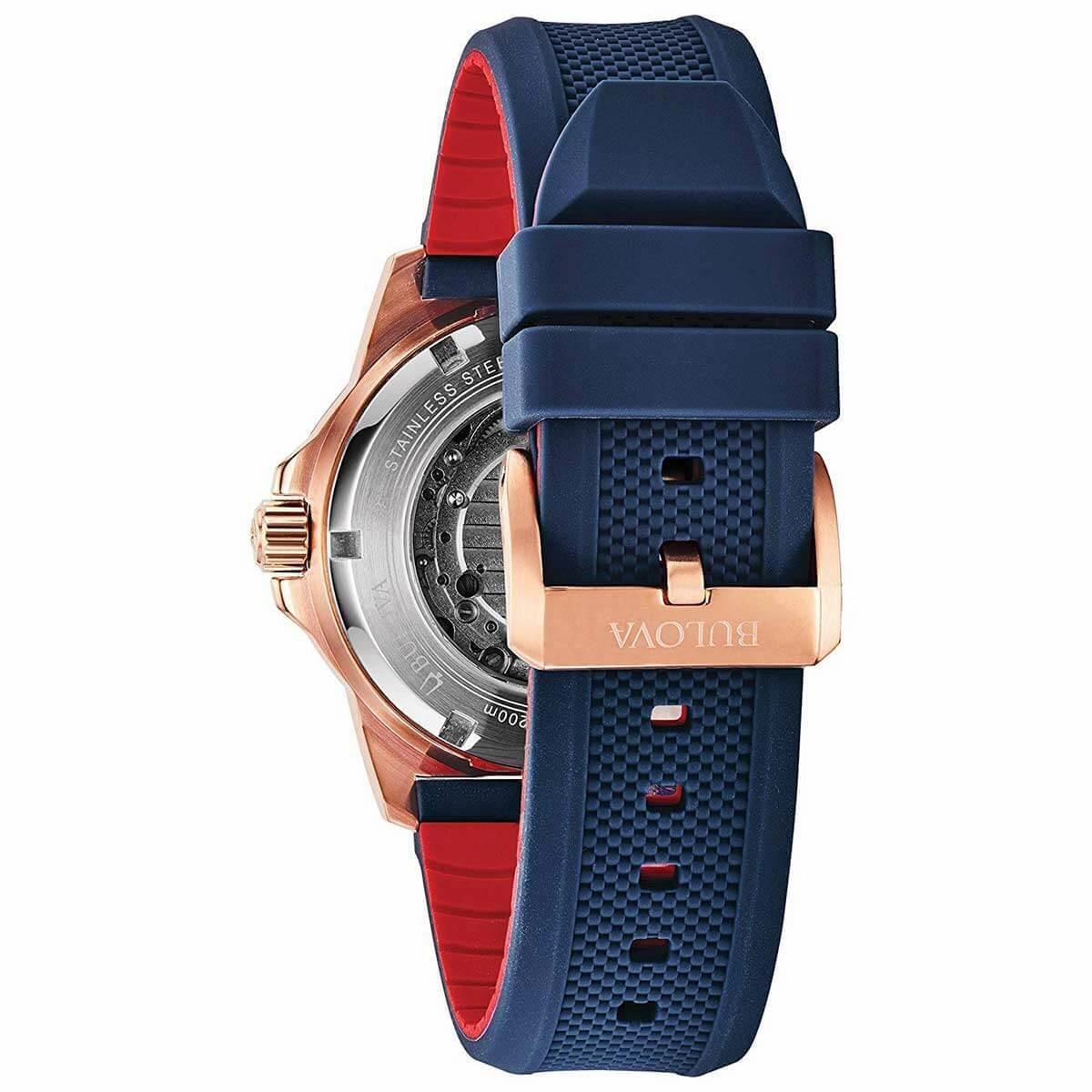 Bulova Men's Automatic Watch - Marine Star Blue & Red Silicone Rubber Strap | 98A227