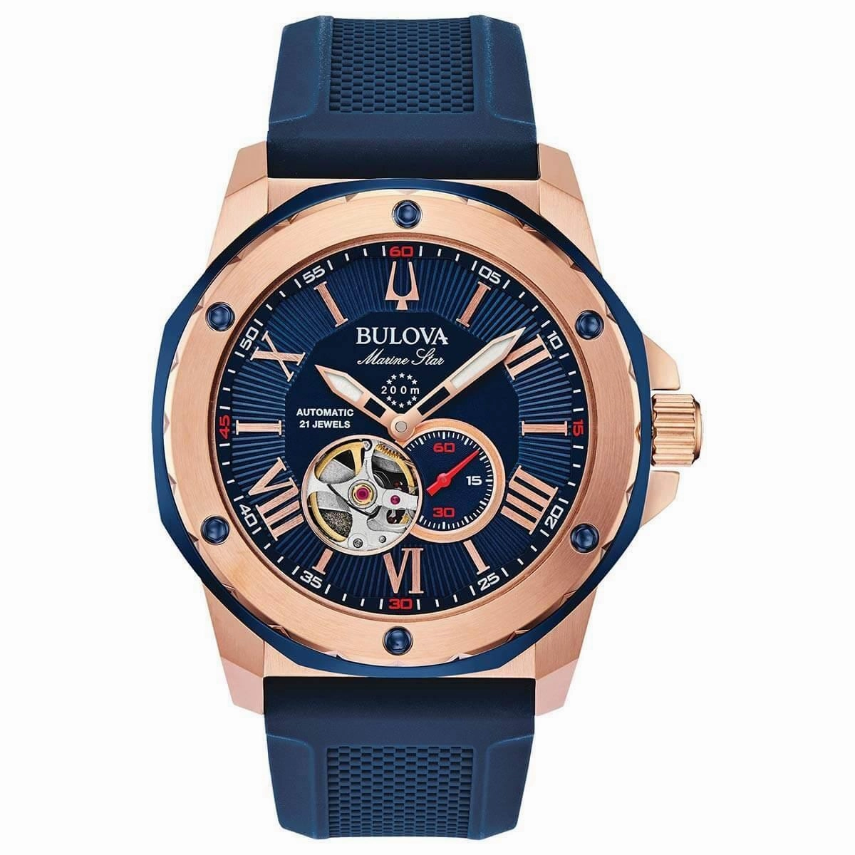 Bulova Men's Automatic Watch - Marine Star Blue & Red Silicone Rubber Strap | 98A227
