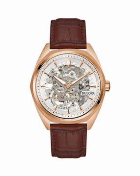 Bulova Men's Automatic Watch with Rose Gold Case and Brown Leather Strap 97A175