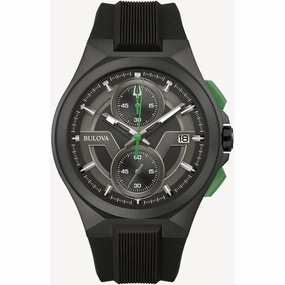 Bulova Men's Watch - Maquina Chrono Black and Dark Grey Dial Rubber Strap | 98B381