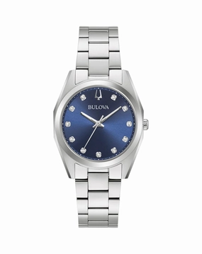 Bulova The Surveyor Women's Luxury Diamond Watch Silver Blue Dial 96P229