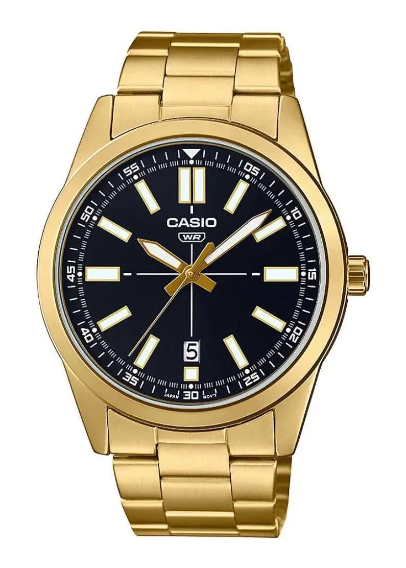 CASIO ANALOGUE BLACK DIAL GOLD STAINLESS STEEL BRACELET MTPVD02G-1E