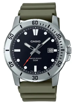 CASIO ANALOGUE BLACK DIAL OLIVE RESIN BAND MTPVD01-3E