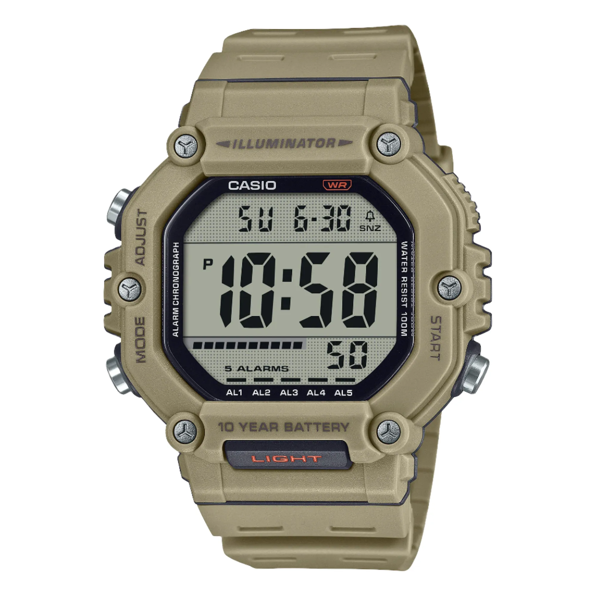 Casio Digital Illuminator Grey Dial Khaki Resin Band Watch AE1600H-5A