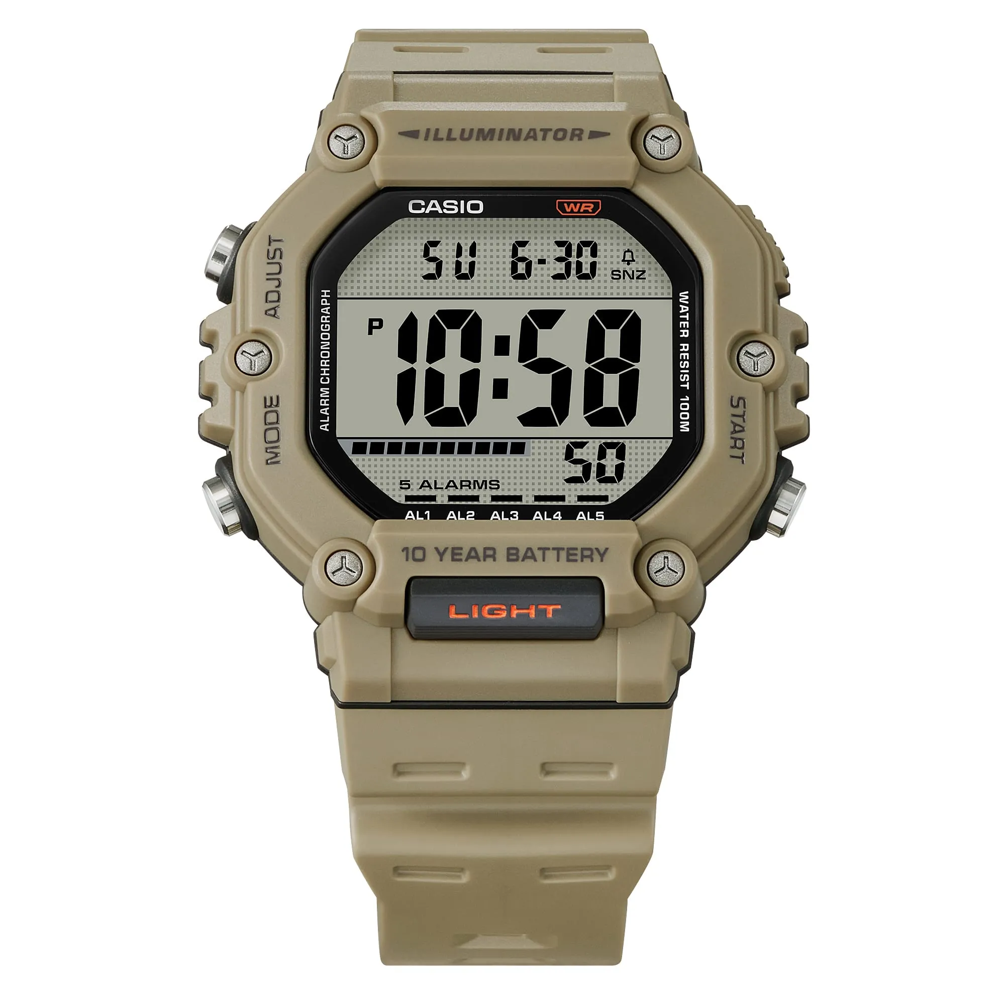 Casio Digital Illuminator Grey Dial Khaki Resin Band Watch AE1600H-5A