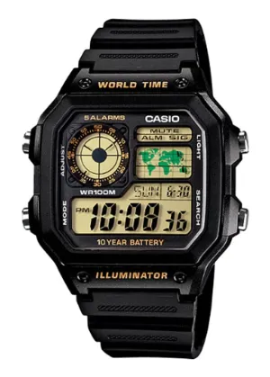 CASIO DIGITAL WORLD TIME RESIN BLACK BAND AE1200WH-1B