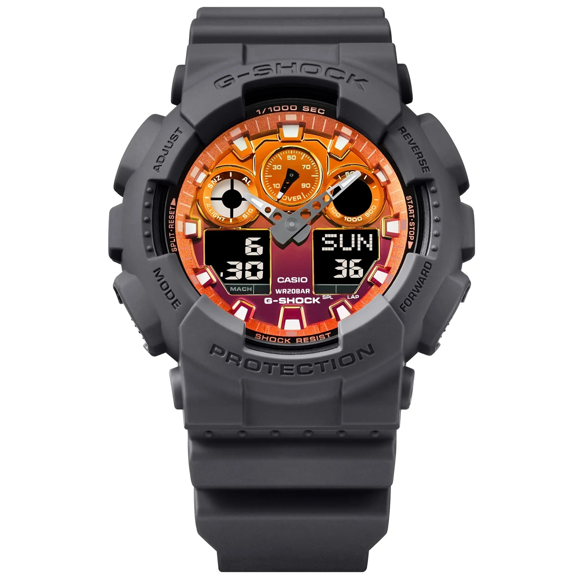 CASIO G-SHOCK  GA-100FL-8ADR FIERY ORANGE DIAL GRAY-ON-BLACK STRAP WATCH