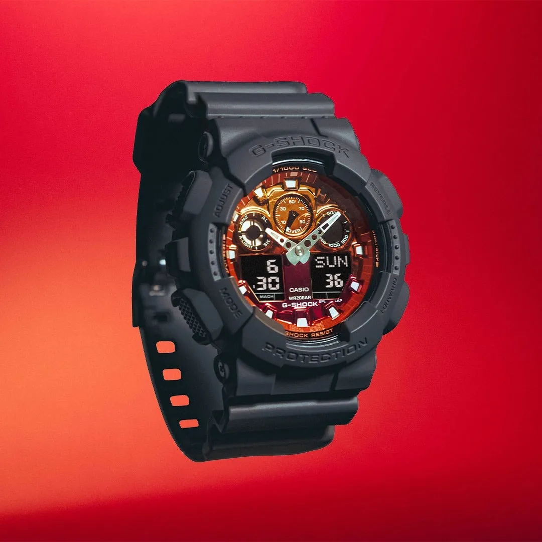 CASIO G-SHOCK  GA-100FL-8ADR FIERY ORANGE DIAL GRAY-ON-BLACK STRAP WATCH