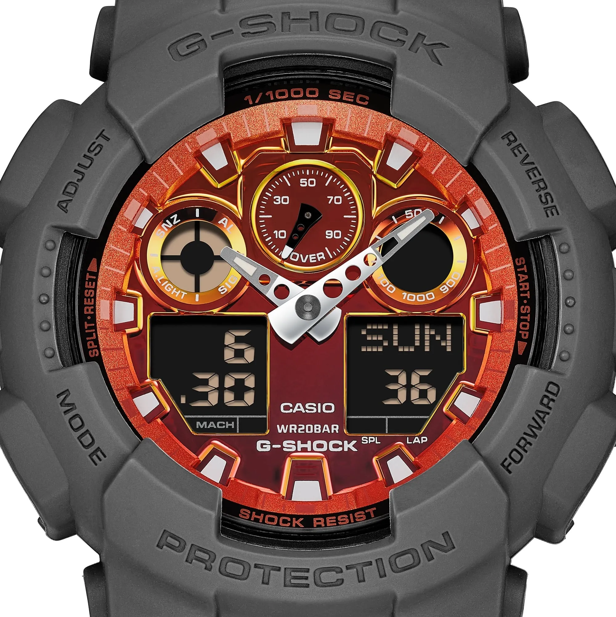 CASIO G-SHOCK  GA-100FL-8ADR FIERY ORANGE DIAL GRAY-ON-BLACK STRAP WATCH