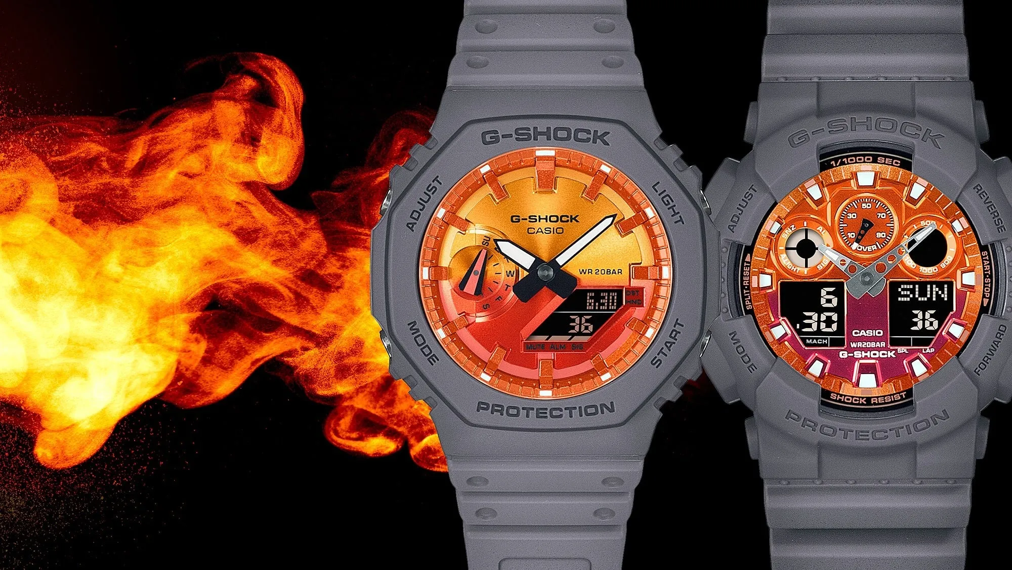 CASIO G-SHOCK  GA-100FL-8ADR FIERY ORANGE DIAL GRAY-ON-BLACK STRAP WATCH