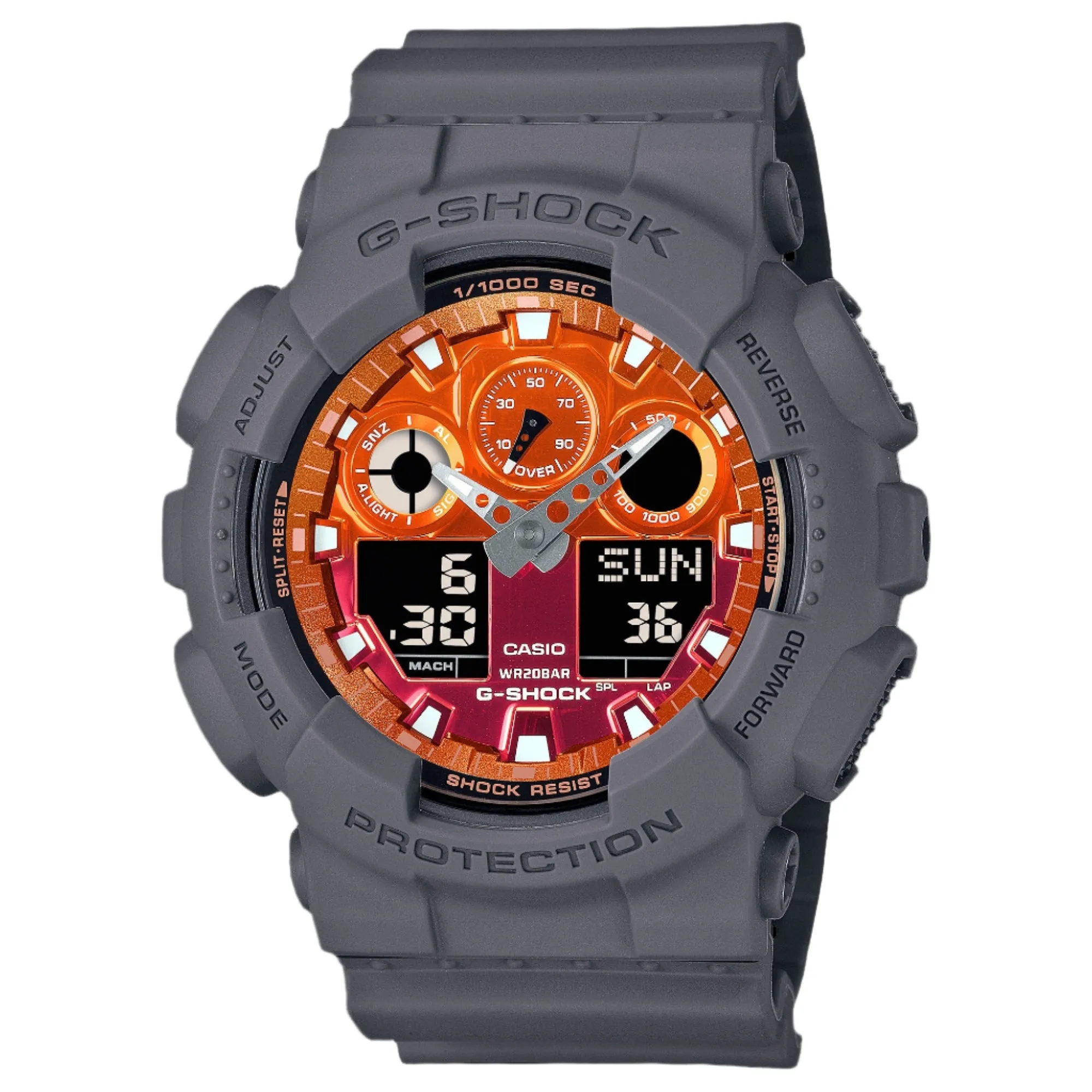 CASIO G-SHOCK  GA-100FL-8ADR FIERY ORANGE DIAL GRAY-ON-BLACK STRAP WATCH