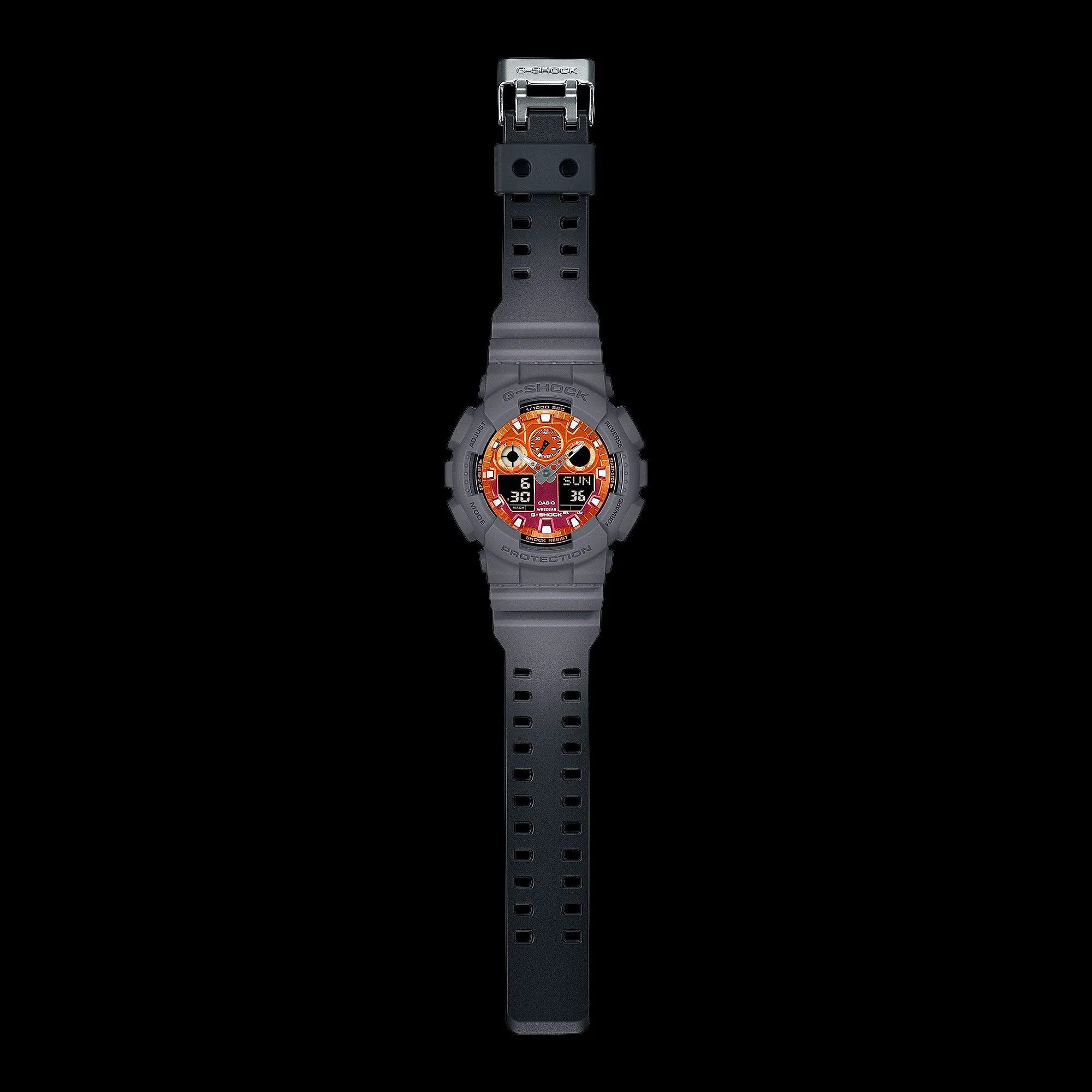 CASIO G-SHOCK  GA-100FL-8ADR FIERY ORANGE DIAL GRAY-ON-BLACK STRAP WATCH