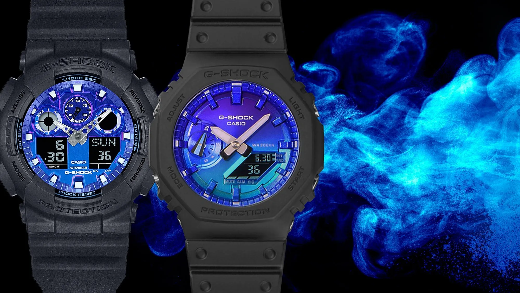 CASIO G-SHOCK GLOWY BLUE DIAL GRAY-ON-BLACK STRAP WATCH GA-2100FL-1ADR
