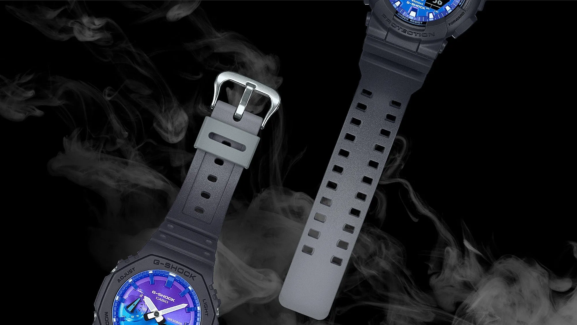 CASIO G-SHOCK GLOWY BLUE DIAL GRAY-ON-BLACK STRAP WATCH GA-2100FL-1ADR