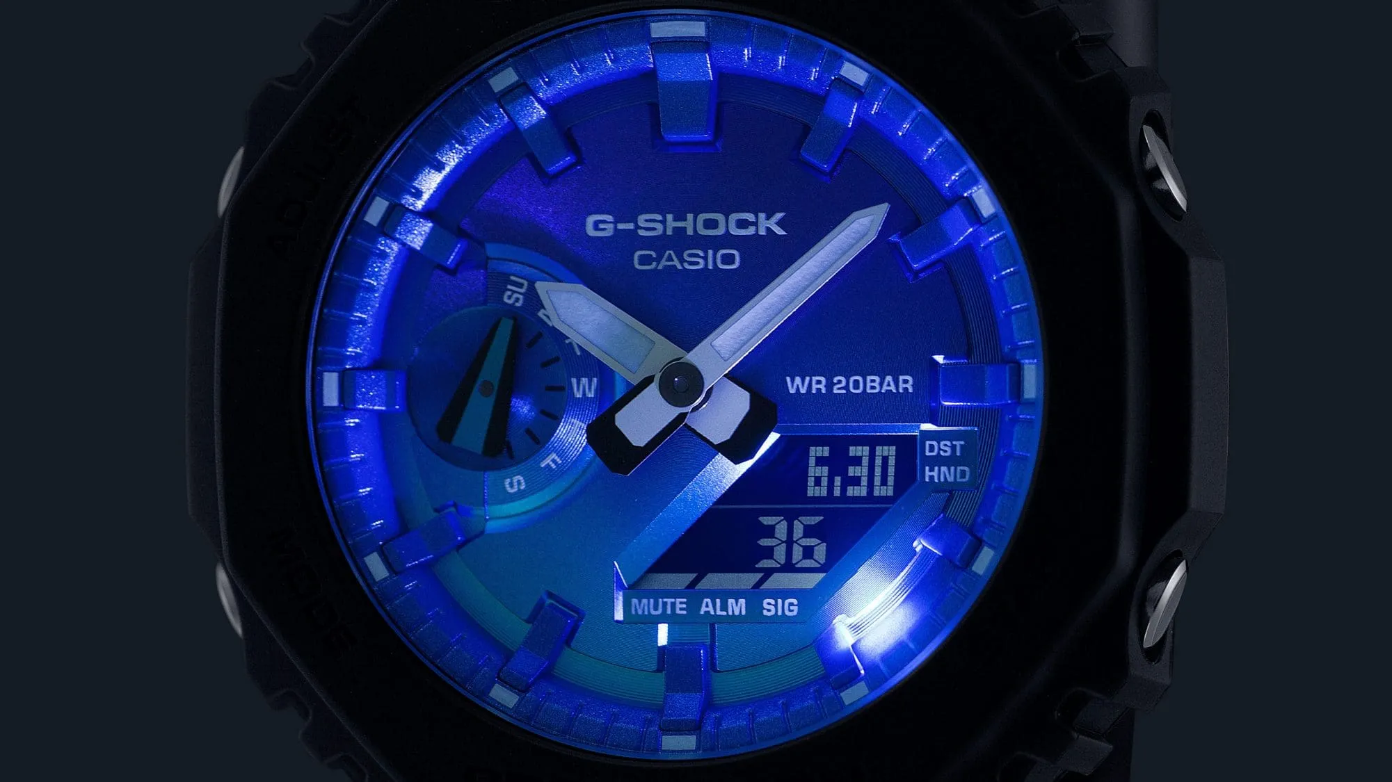CASIO G-SHOCK GLOWY BLUE DIAL GRAY-ON-BLACK STRAP WATCH GA-2100FL-1ADR