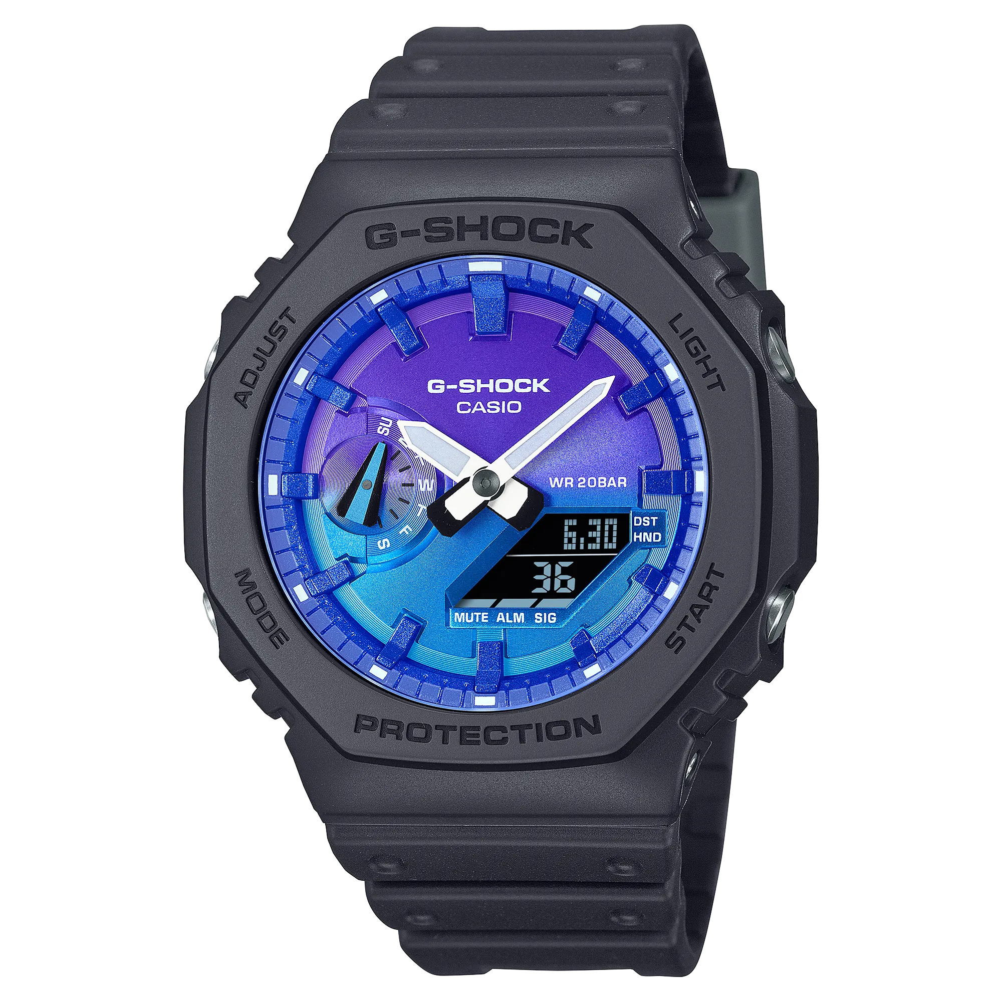 CASIO G-SHOCK GLOWY BLUE DIAL GRAY-ON-BLACK STRAP WATCH GA-2100FL-1ADR