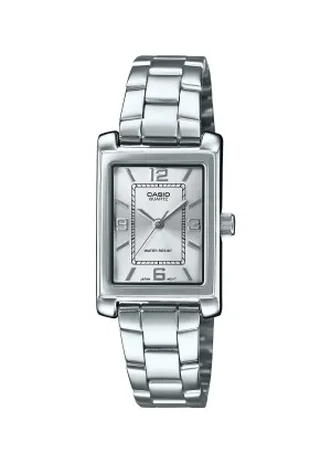 CASIO LADIES ANALOGUE RECTANGULAR CASE SILVER DIAL STAINLESS LTP1234DD-7A