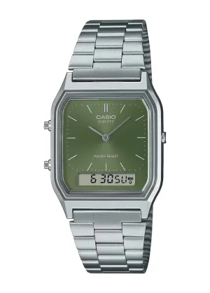 CASIO VINTAGE ANALOGUE/ DIGITAL GREEN DIAL STAINLESS AQ230A-3A