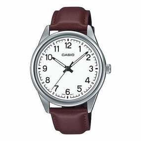 Casio Analog White Dial Brown Leather Strap Watch MTPV005L-7B4