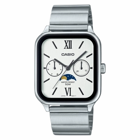 Casio Analogue Moon Phase White and Black Dial Stainless Steel Watch MTPM305D-7A2