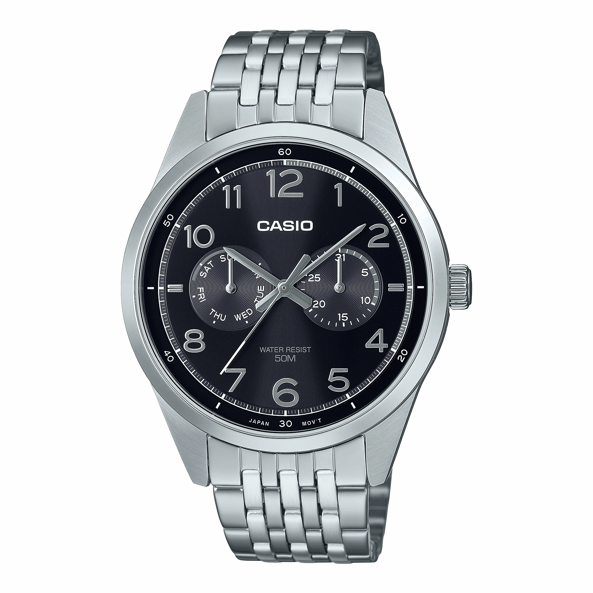 Casio Standard Analogue Black Dial Stainless Steel Watch MTPE340D-1A