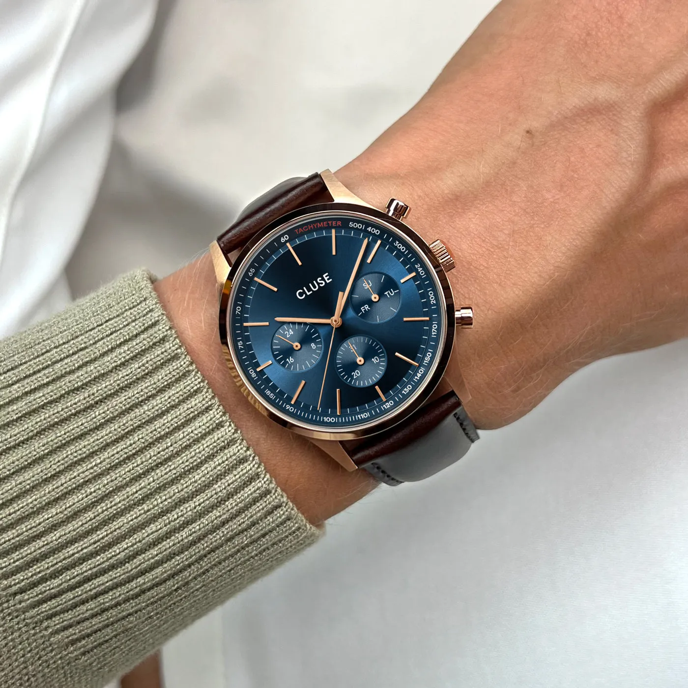 CLUSE Antheor Multifunction Blue Leather Rose Gold Watch CW21009