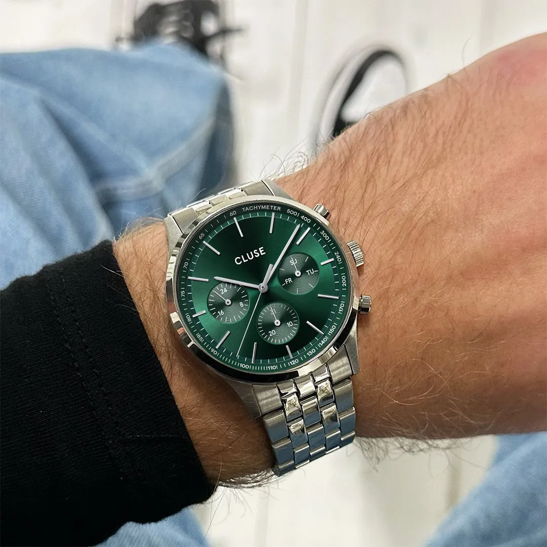 CLUSE Antheor Multifunction Green Dial Silver Stainless Steel Link Watch CW21002