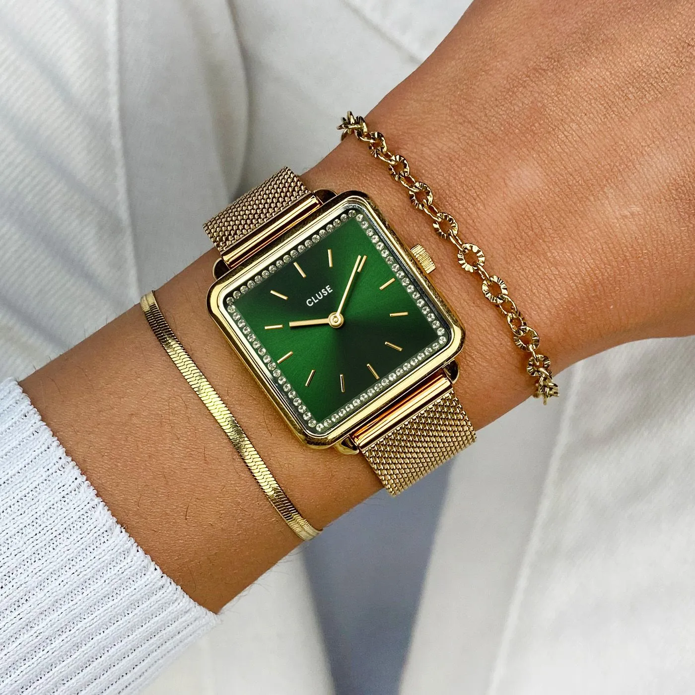 CLUSE La Tetragone Green Stones/ Gold Mesh Watch CW10309