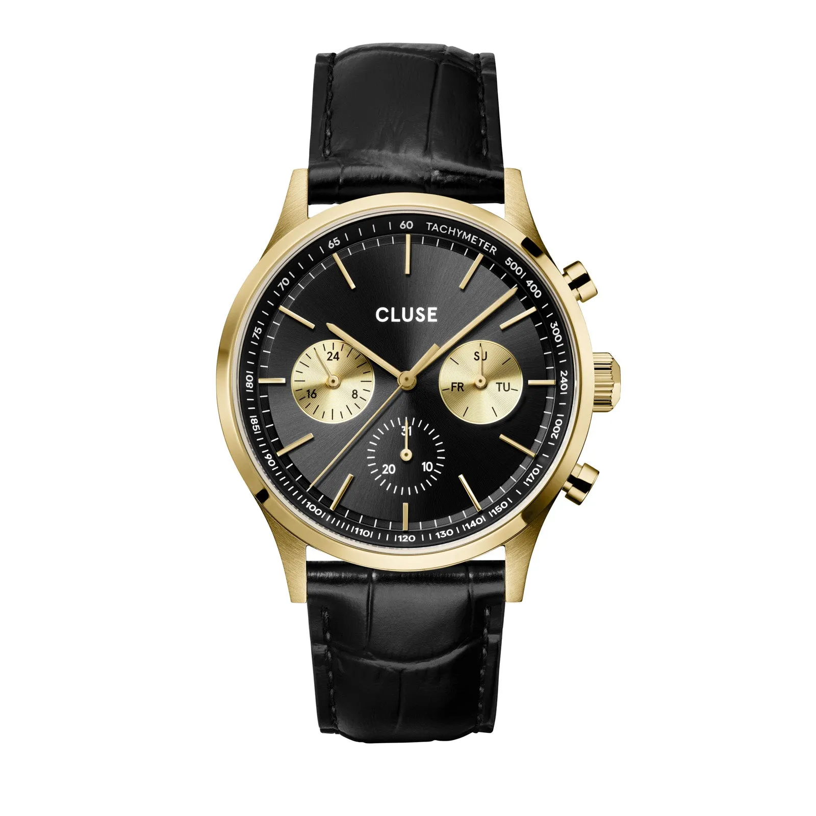 CLUSE Mens Antheor Multifunction Gold Black Black Leather Watch CW21004